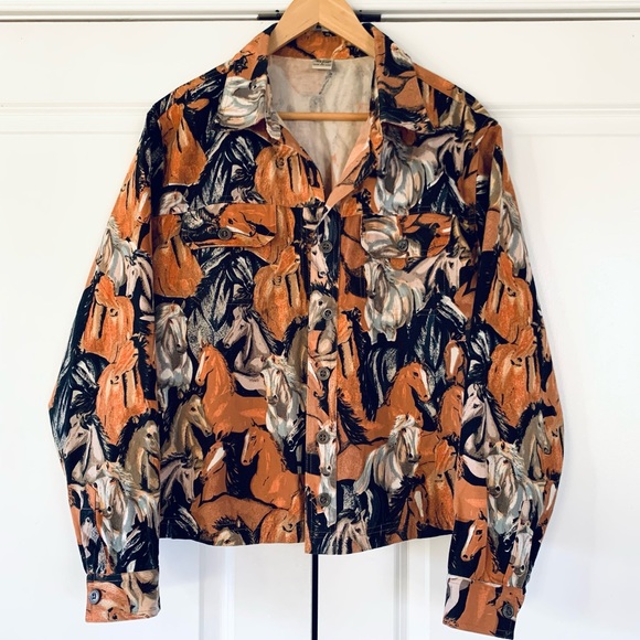 Horse Print Jacket Button Down Trucker Shacket South Western Cotton Vtg? Size L - Picture 1 of 9